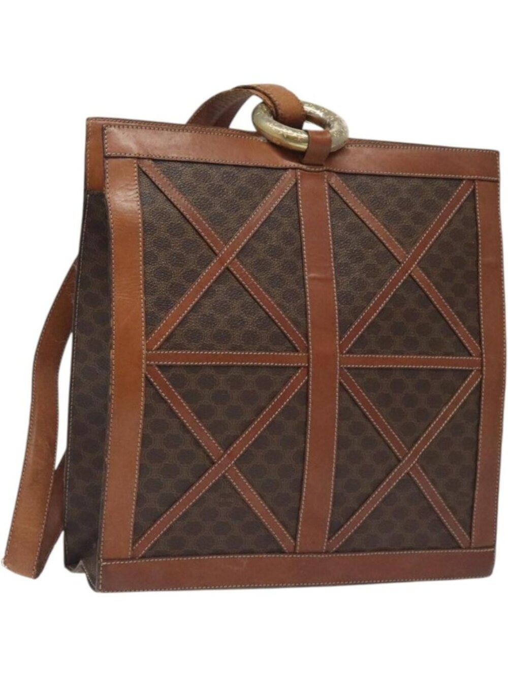 CELINE Macadam Canvas Shoulder Bag PVC Leather Brown Gold